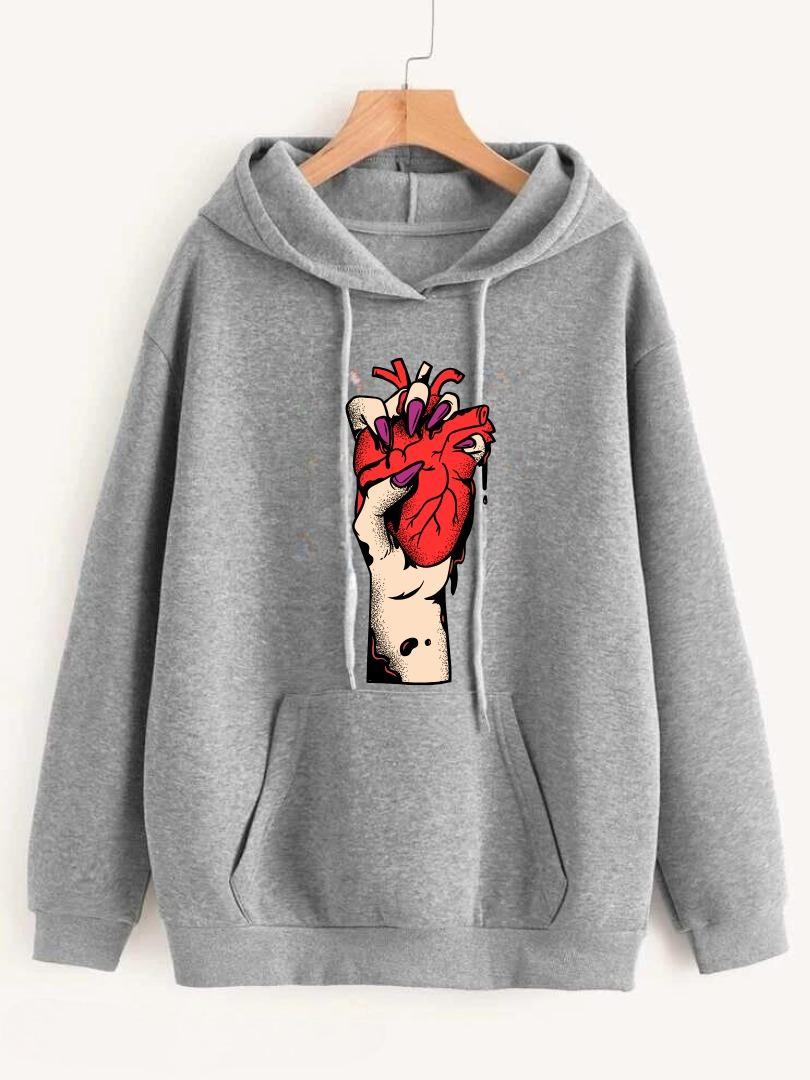 Grey Heart Printed Hoodie for Girl