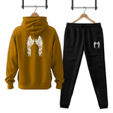 Men Fleece Golden Angel Wings Printed Hoodie Track Suit