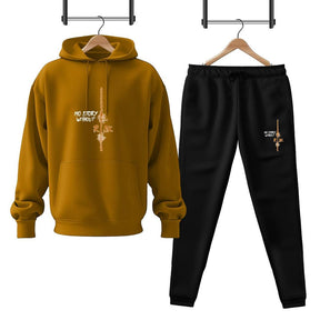 Men Fleece Golden No Story With Risk Printed Hoodie Track Suit