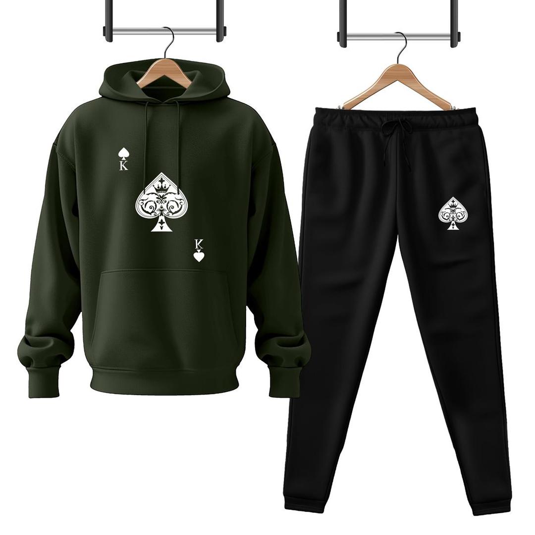 Men Fleece Green Ace of Spades Printed Hoodie Track Suit