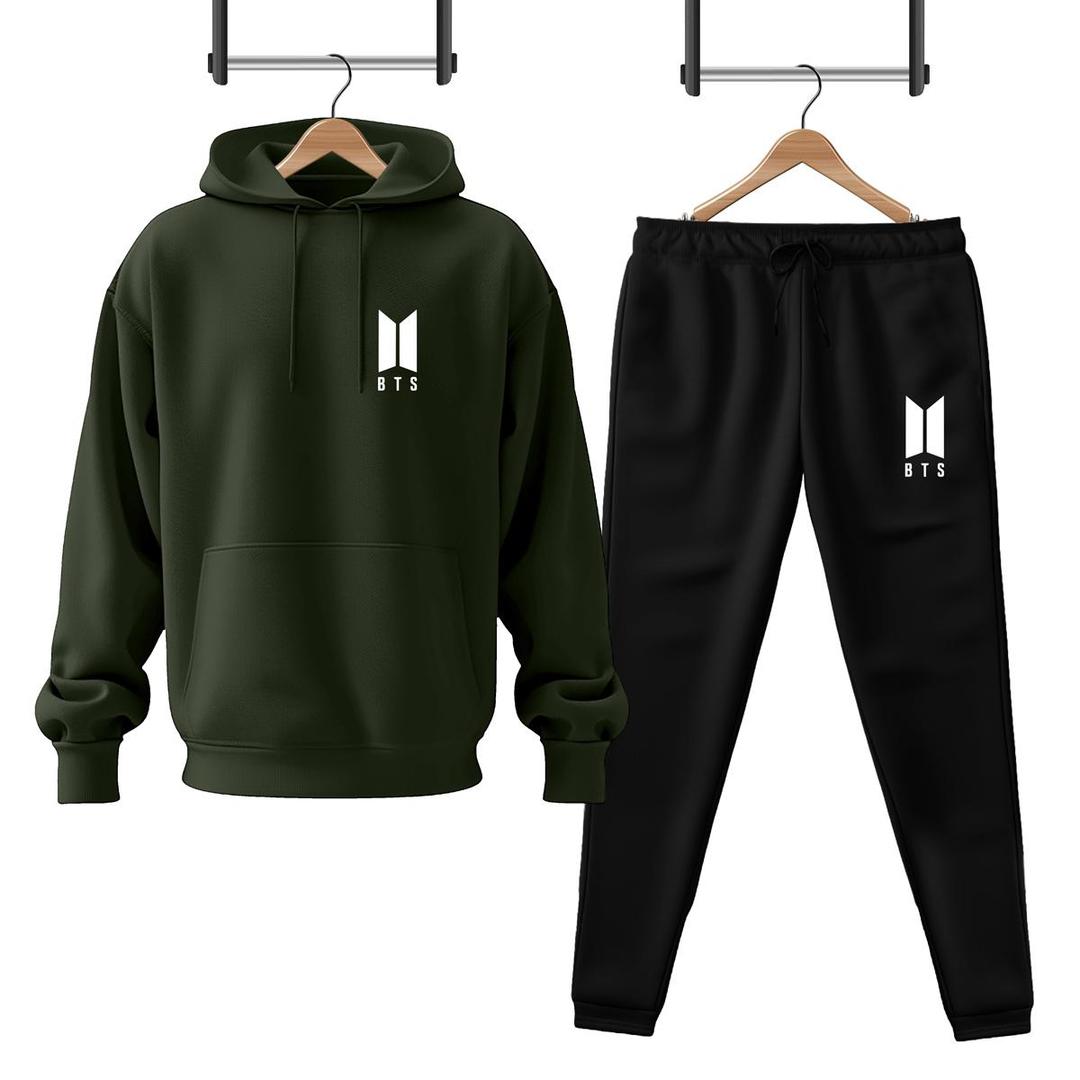 Men Fleece Green BTS Printed Hoodie Track Suit