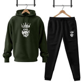 Men Fleece Green King Printed Hoodie Track Suit