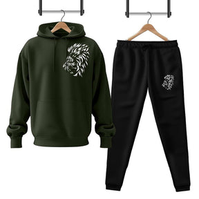 Men Fleece Green Lion Printed Hoodie Track Suit