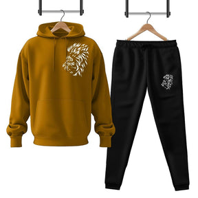 Men Fleece Golden Lion Printed Hoodie Track Suit