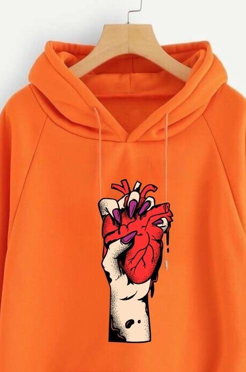 Orange Heart Printed Hoodie for Girl