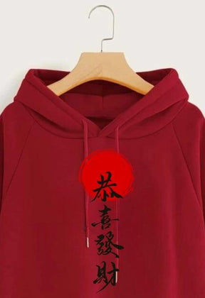 Red Japanese Printed Hoodie for Girl