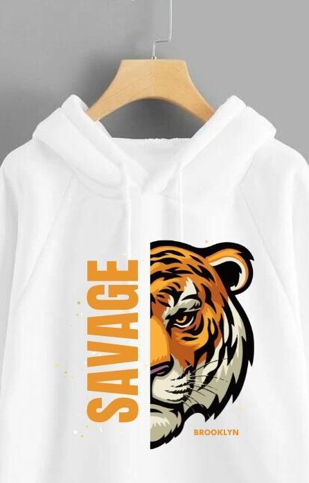 White Savage Printed Hoodie for Girl